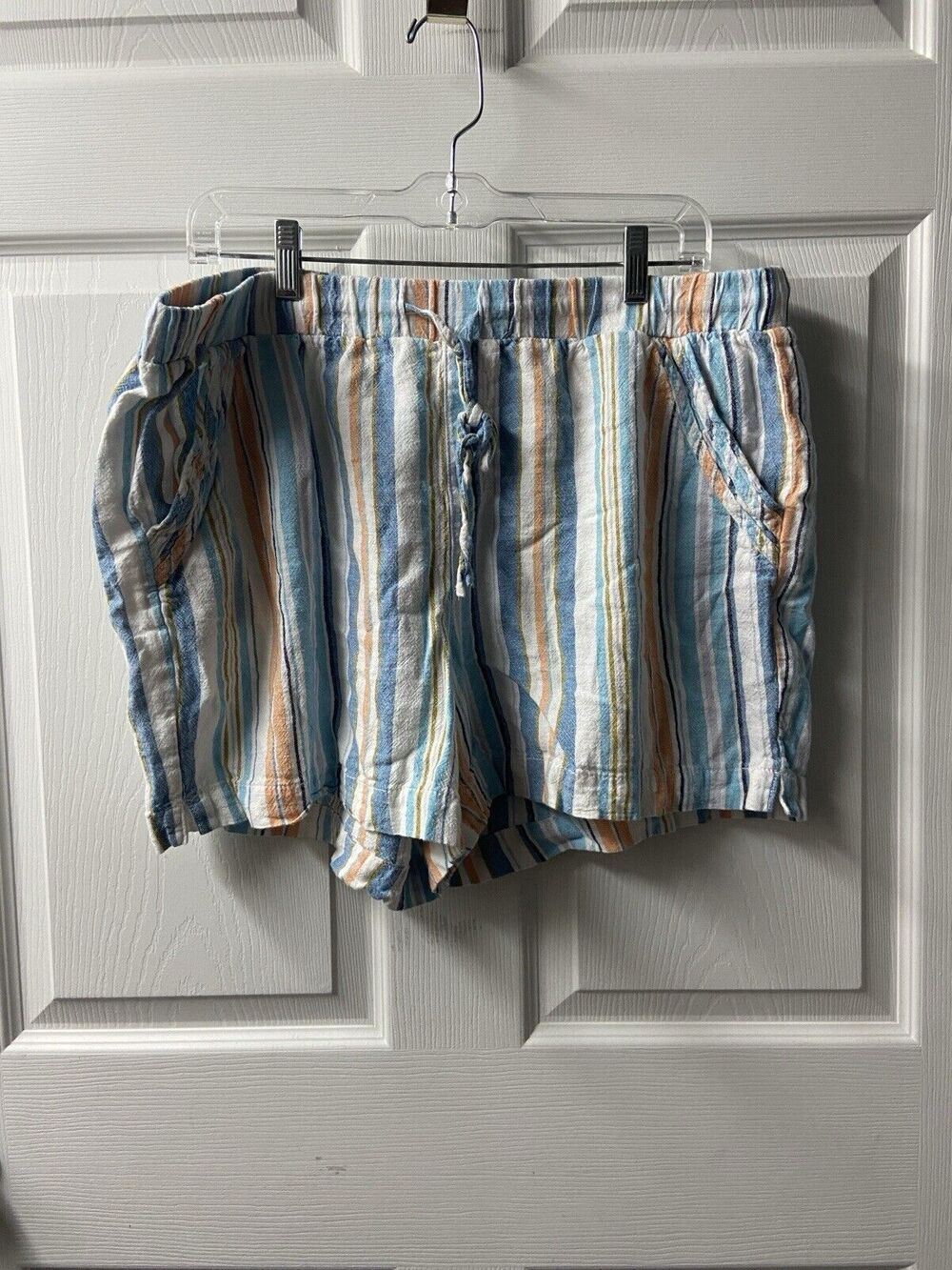 Briggs Short Womens Size XL Blue Stripe Elastic Waist w Tie Linen Pockets